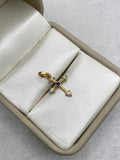Dije cruz punta circones blancos centro azul (R) Oro amarillo 18k 0,66 Gr / 11,71 mm / 1,7 Cm